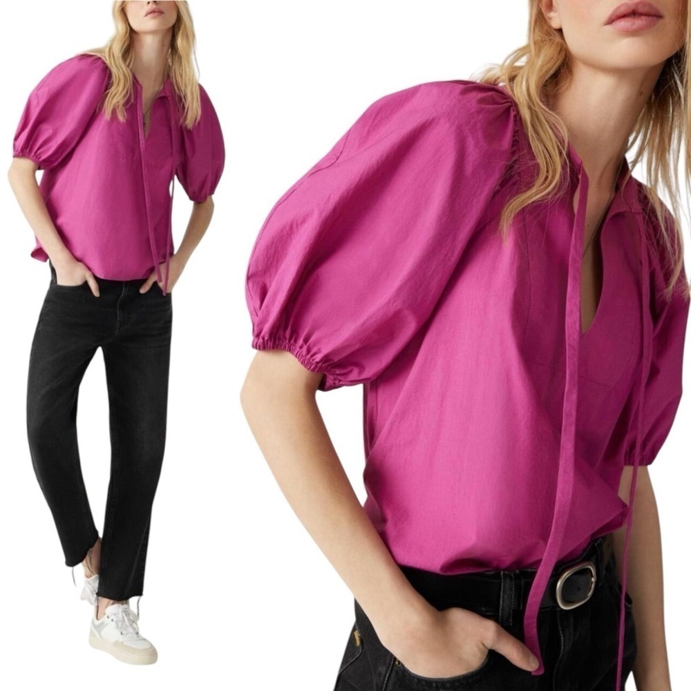 BA&SH Jamie Pink Loose-Fit Puff Sleeve Blouse Top